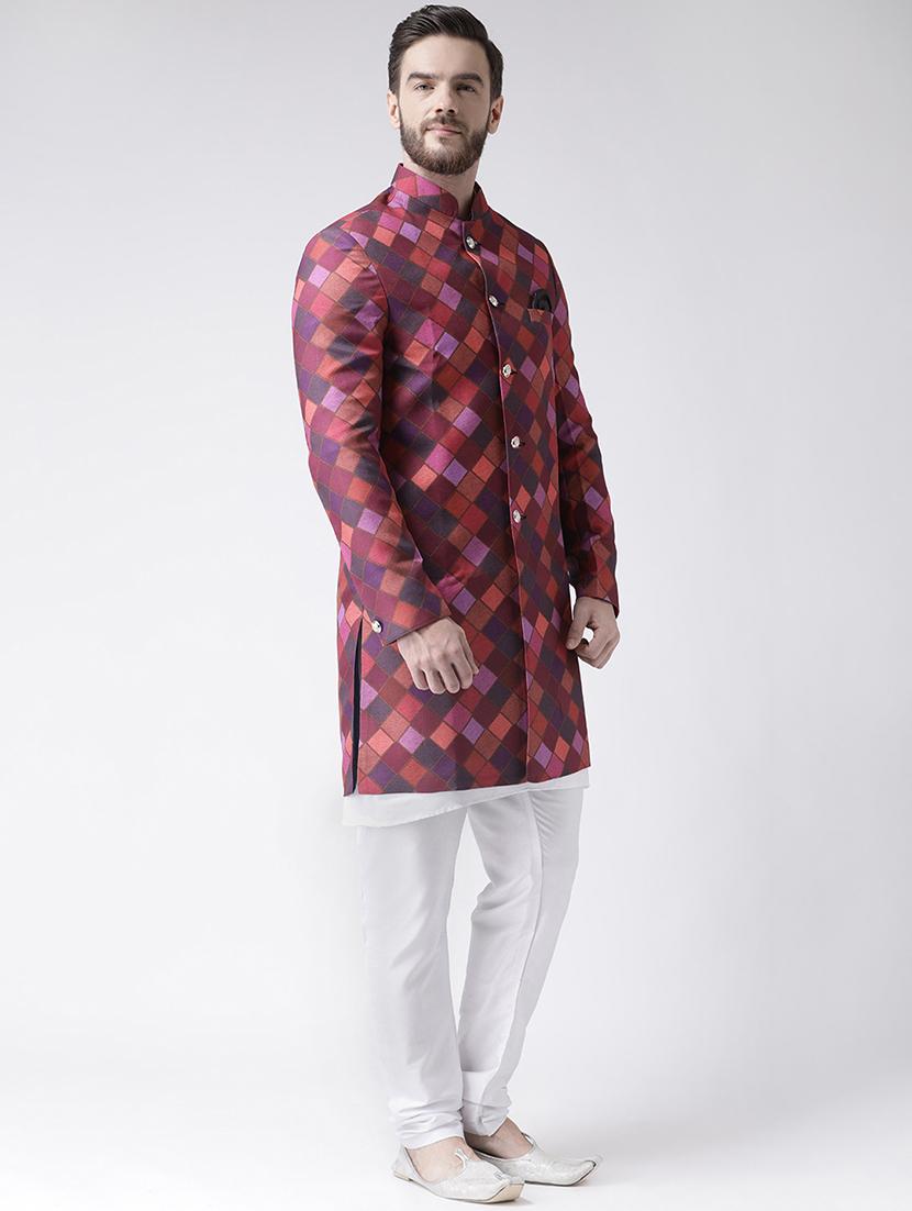 maroon checkered sherwani set - 17356766 - Standard Image - 1
