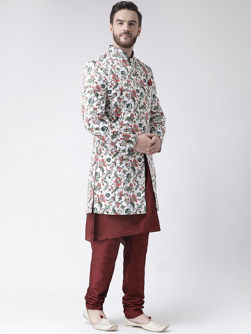 off white floral print sherwani set - 17356773 - Standard Image - 1