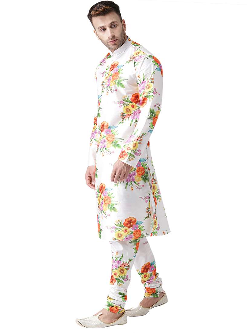 white floral print silk blend kurta pyjama set - 17356850 -  Standard Image - 1
