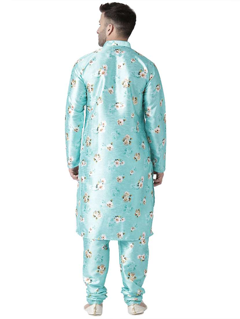 turquoise blue floral print silk blend kurta pyjama set - 17356856 - Standard Image - 1