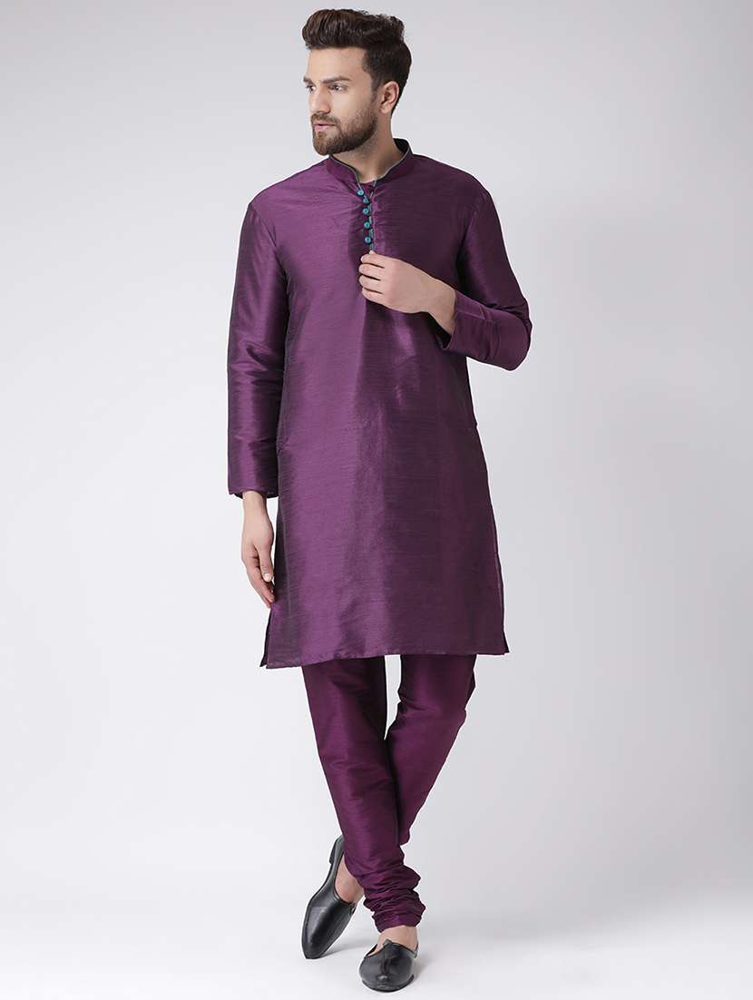 purple solid silk blend kurta pyjama set