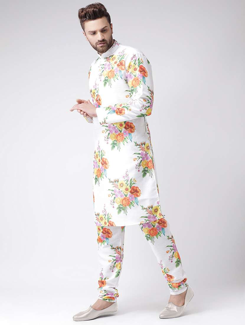 white floral silk blend kurta pyjama set - 17356867 -  Standard Image - 1