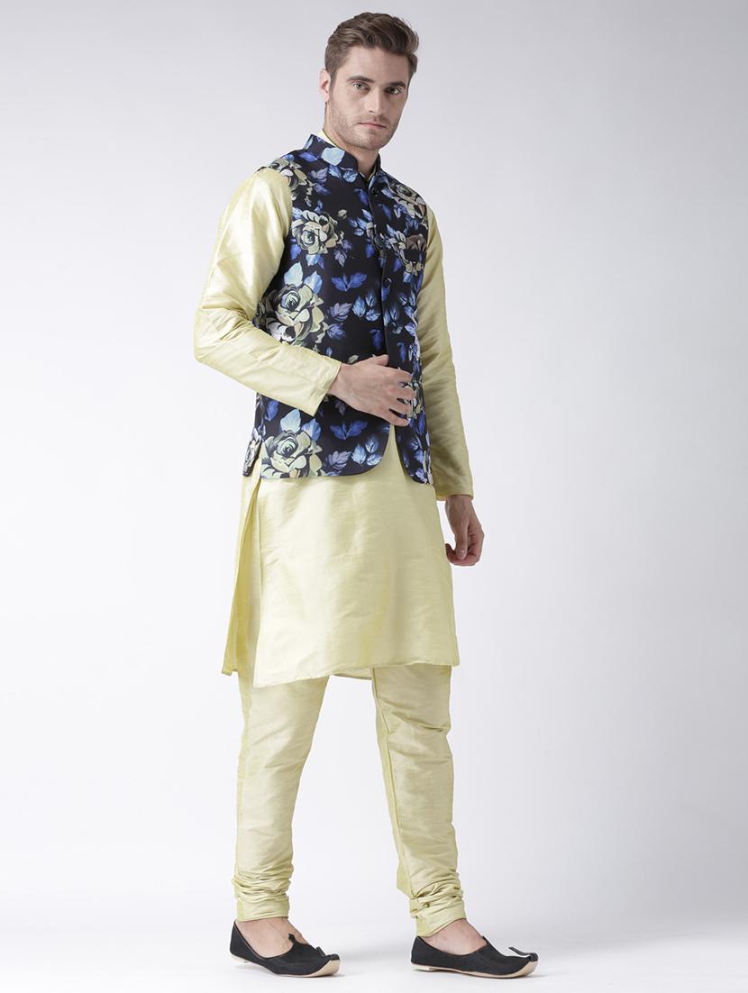 yellow solid kurta pyjama set navy blue printed nehru jacket - 17356998 - Standard Image - 1