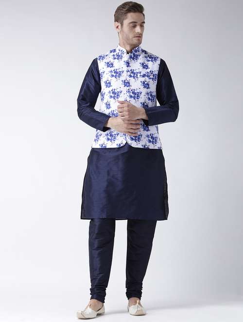 navy blue solid kurta pyjama set with blue floral nehru jacket  - 17357010 -  Standard Image - 0