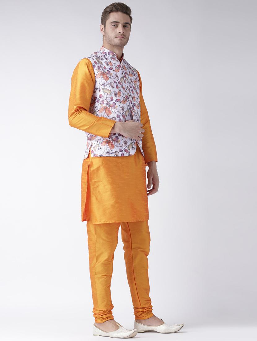 orange solid kurta pyjama set with floral print nehru jacket - 17357033 - Standard Image - 1