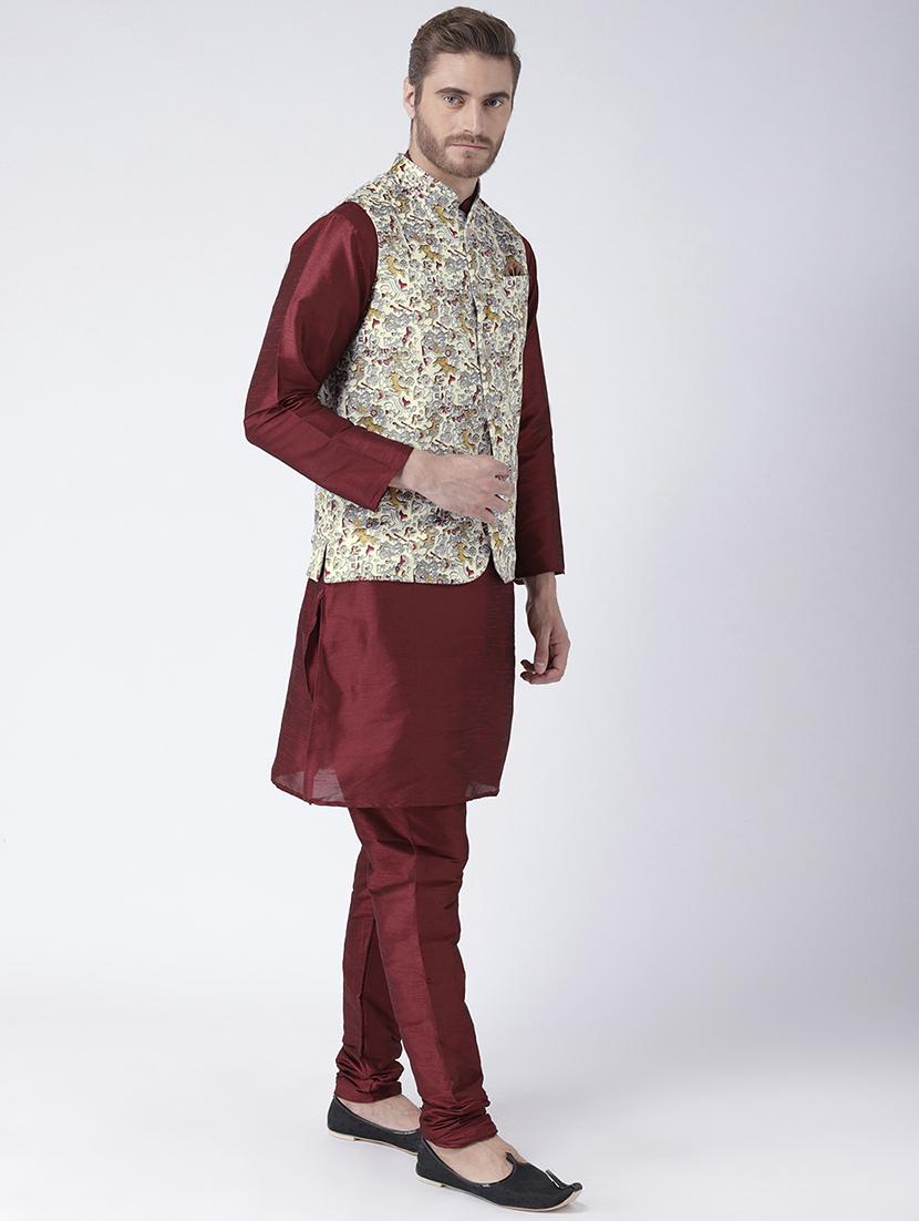 maroon solid kurta pyjama set with printed nehru jacket - 17357051 - Standard Image - 1
