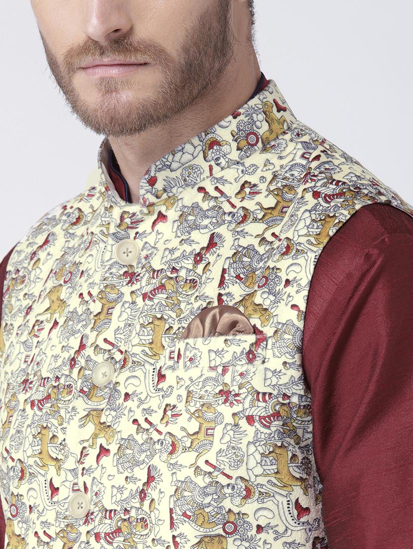 maroon solid kurta pyjama set with printed nehru jacket - 17357051 - Standard Image - 4