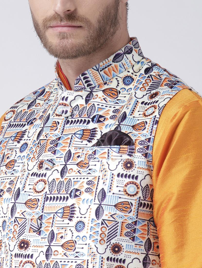 orange solid kurta pyjama with printed nehru jacket - 17357060 - Standard Image - 4