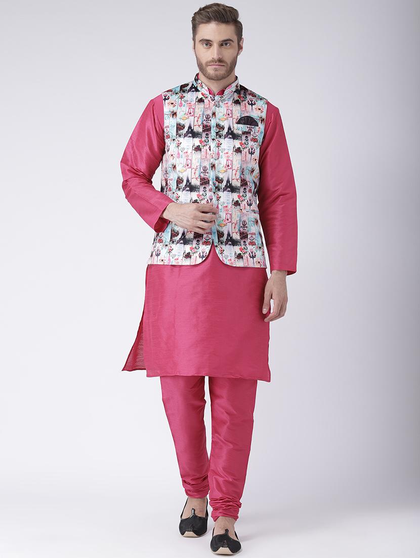 pink solid kurta pyjama with printed nehru jacket - 17357063 -  Zoom Image - 0