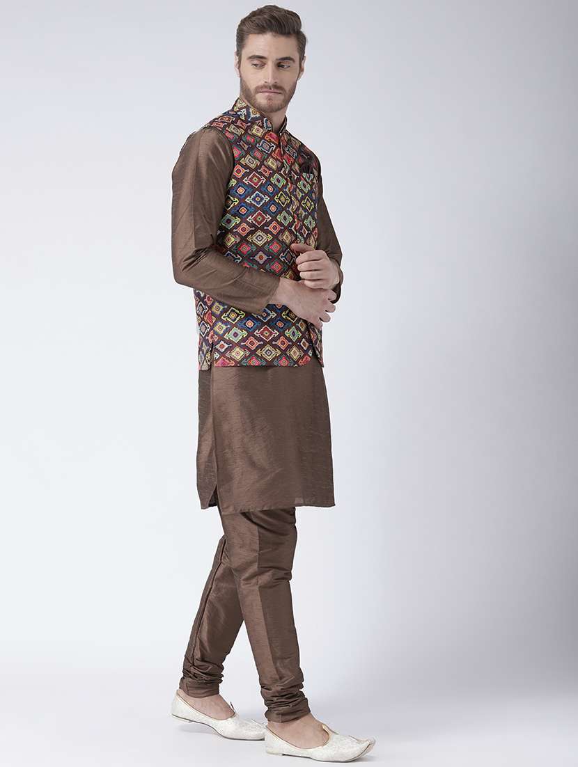 brown solid kurta pyjama set with printed nehru jacket - 17357069 -  Standard Image - 1