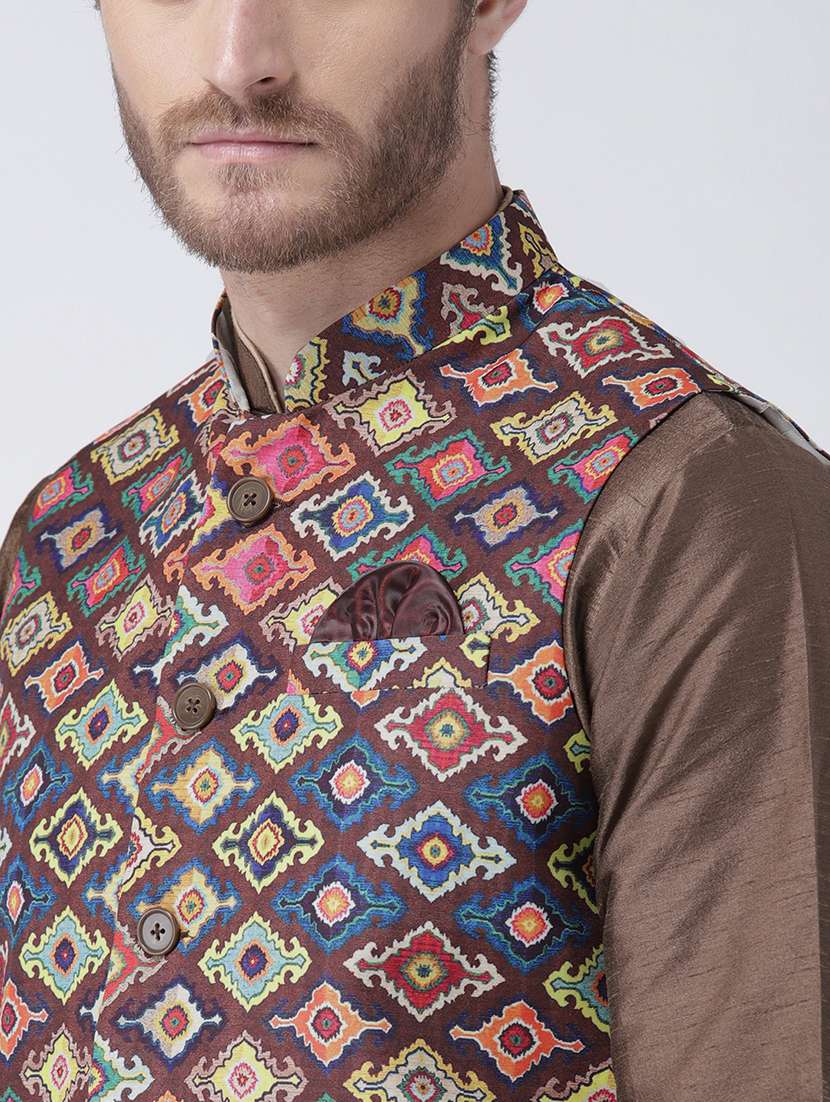 brown solid kurta pyjama set with printed nehru jacket - 17357069 - Standard Image - 4