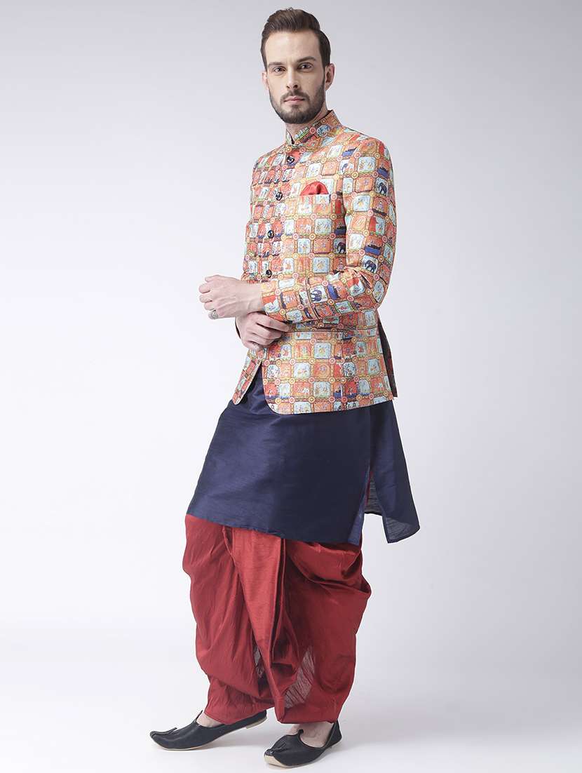 navy blue solid dhoti kurta set multi colored jacquard bandhgala jacket - 17357118 -  Standard Image - 1