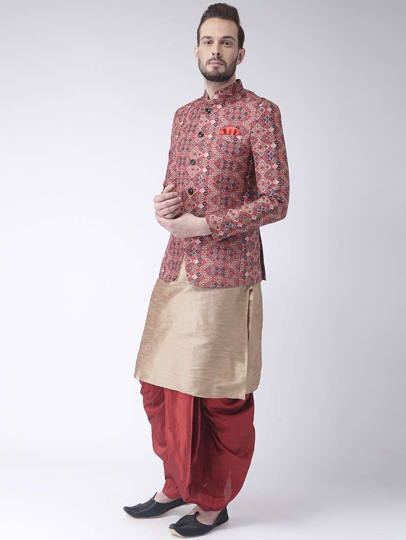 beige solid dhoti kurta set with multi colored jacquard bandhgala jacket  - 17357121 -  Standard Image - 1