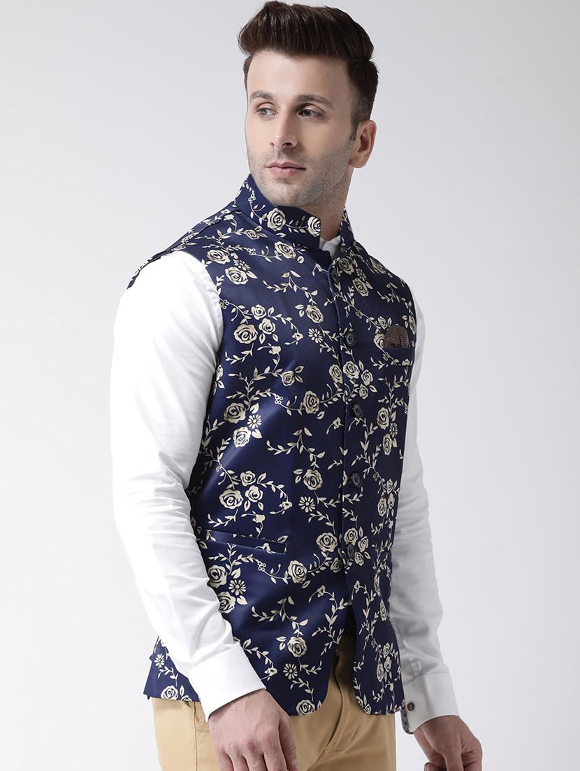 navy blue floral print nehru jacket - 17358303 - Standard Image - 1
