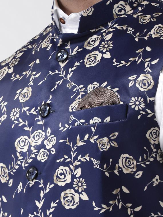 navy blue floral print nehru jacket - 17358303 - Standard Image - 4