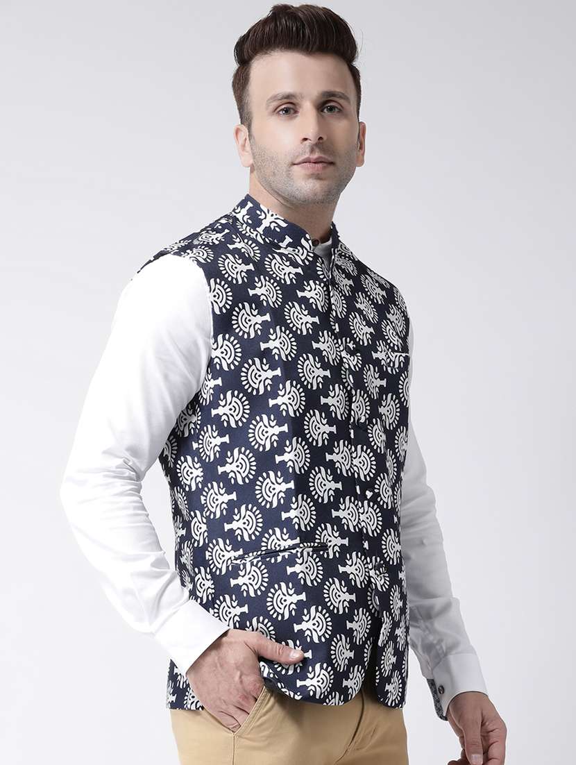 navy blue printed nehru jacket - 17358307 -  Standard Image - 1