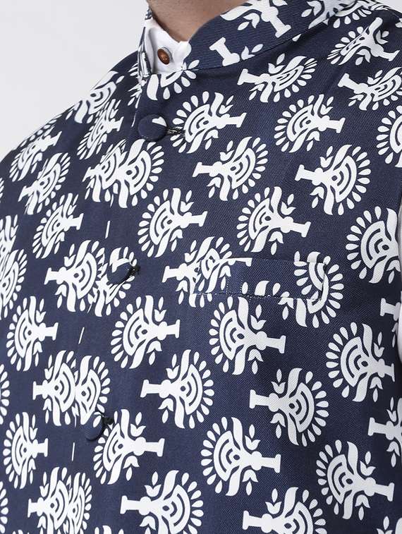 navy blue printed nehru jacket - 17358307 - Standard Image - 4