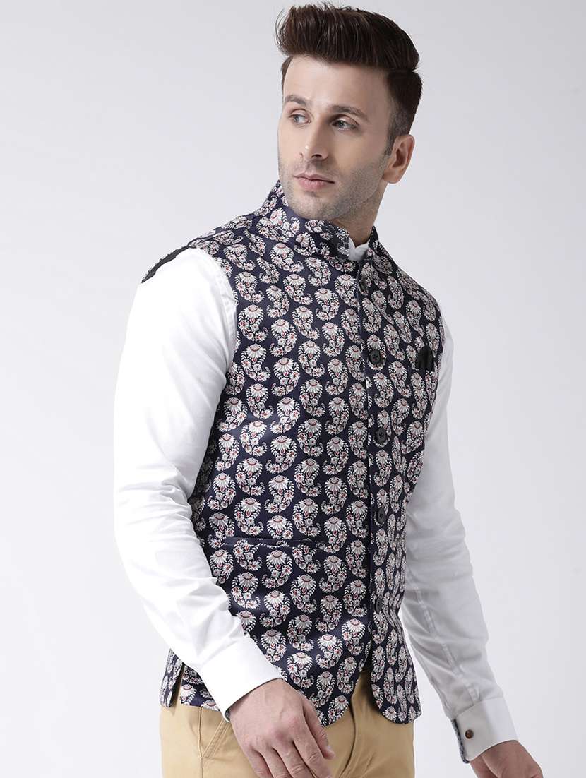 navy blue printed nehru jacket - 17358310 -  Standard Image - 1