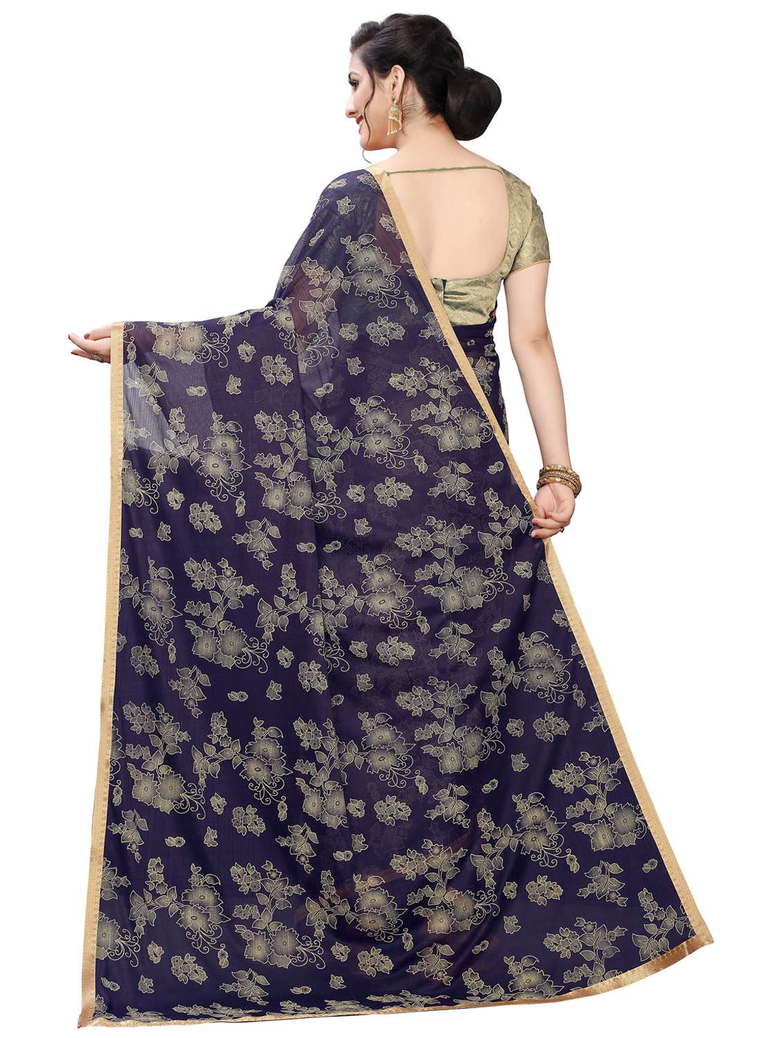 navy lycra printed saree with blouse - 17363517 -  Standard Image - 1