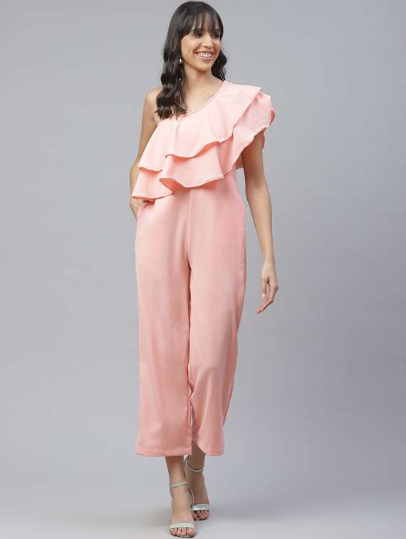single ruffle shoulder full leg jumpsuit