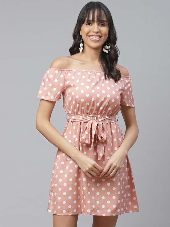 off shoulder polka dot blouson dress