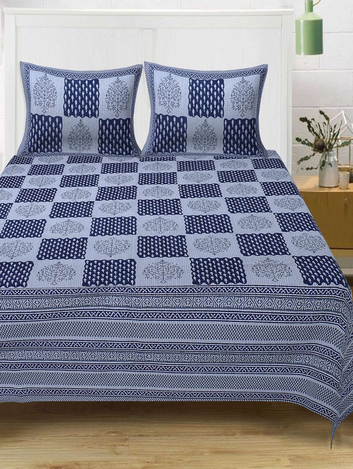  cotton kantha look jaipuri print super king size bedsheet with 2 pillow covers