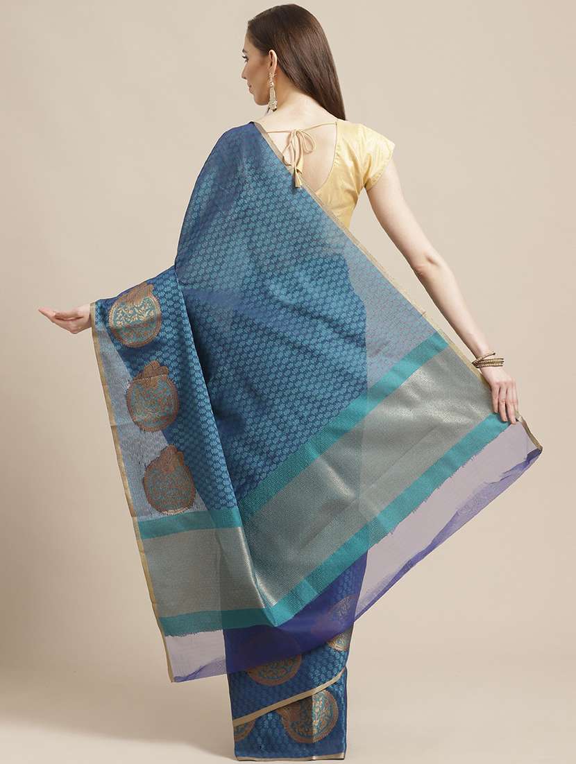 navy blue woven saree with blouse - 17375007 -  Standard Image - 1