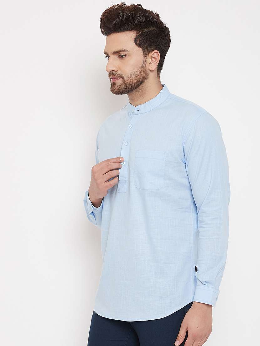 light blue solid linen short kurta - 17376247 -  Standard Image - 1