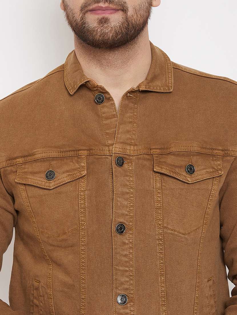 brown solid denim jacket - 17376273 -  Standard Image - 4