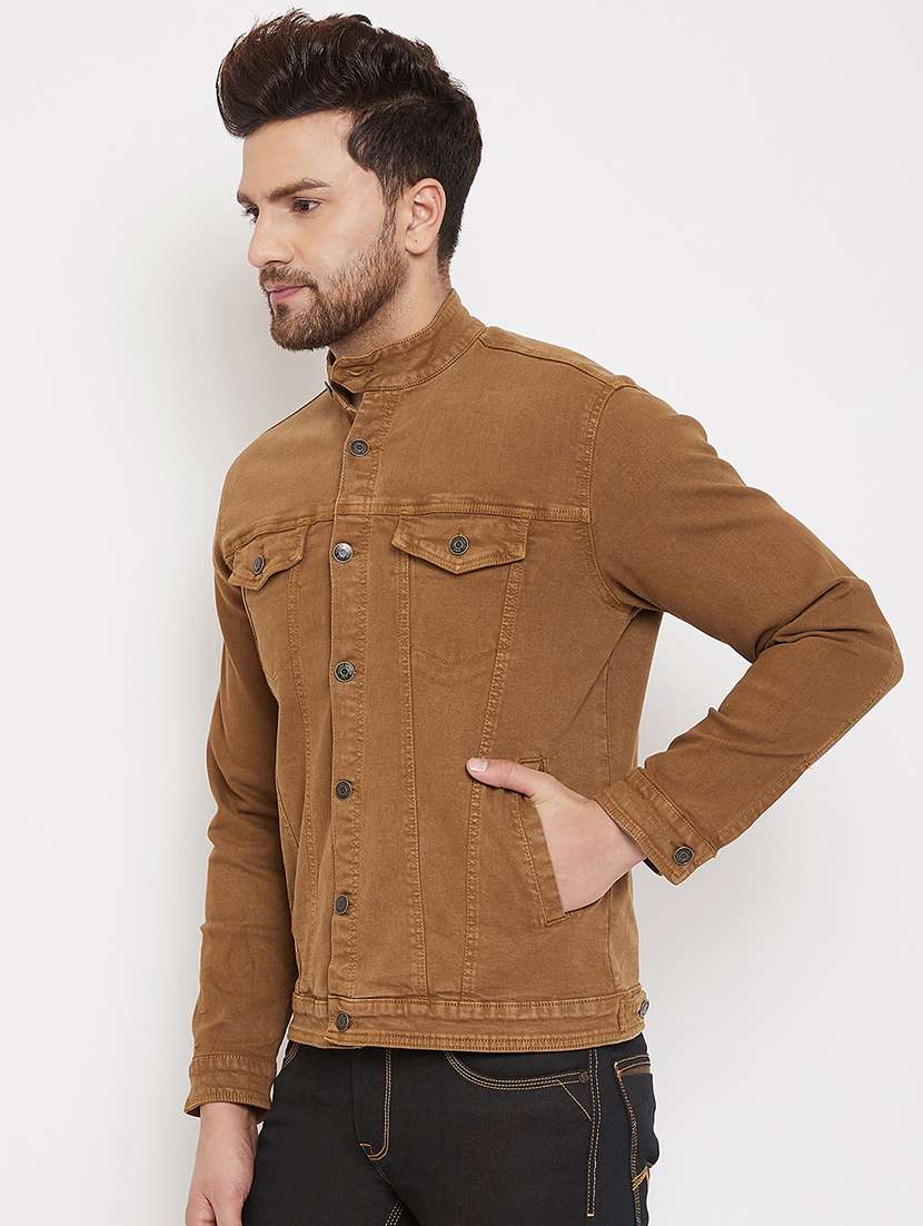 brown solid denim jacket - 17376275 - Standard Image - 1