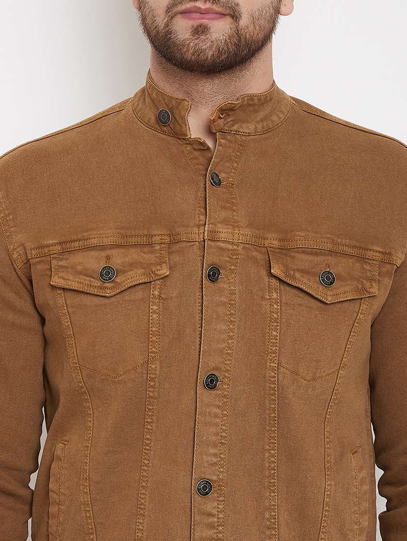brown solid denim jacket - 17376275 - Standard Image - 4