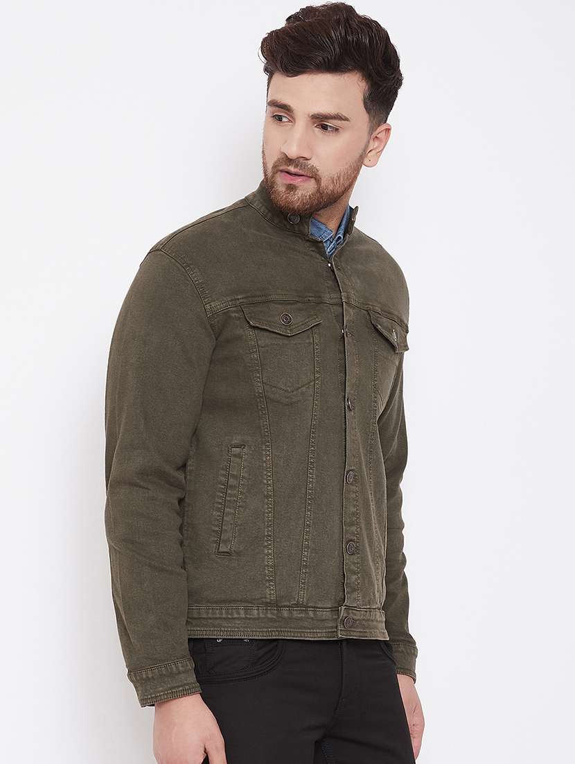 olive green solid denim jacket - 17376276 -  Standard Image - 1