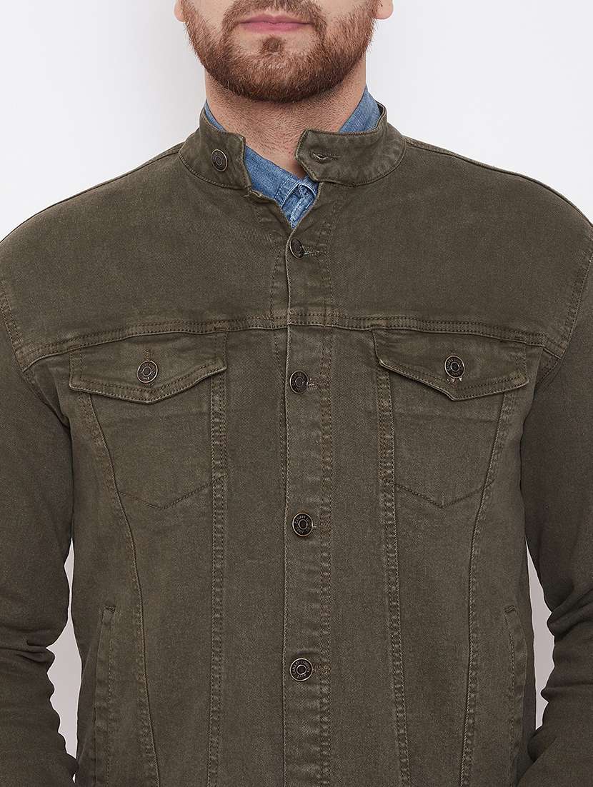 olive green solid denim jacket - 17376276 - Standard Image - 4