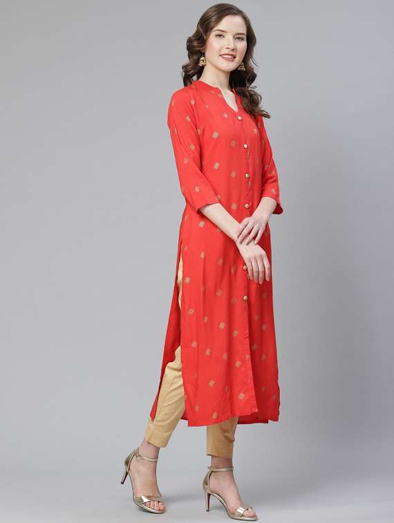 gold print straight kurta - 17376316 -  Standard Image - 1