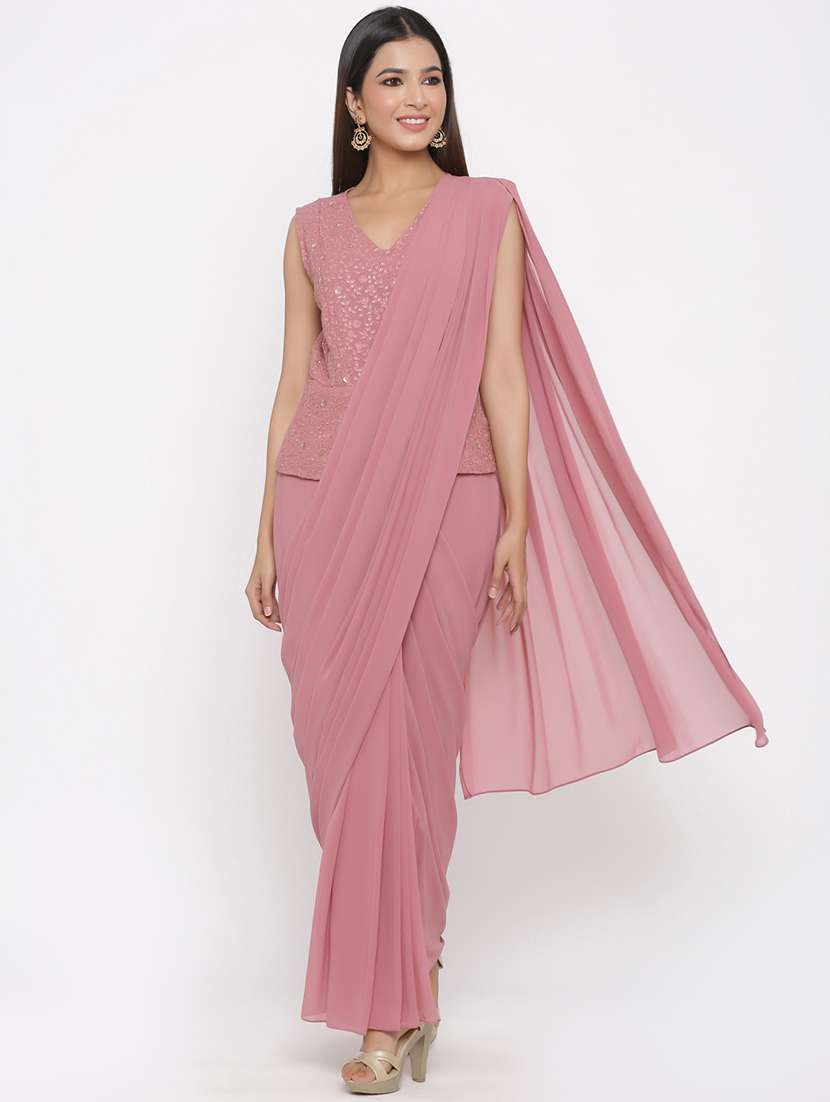 embroidered saree style ethnic gown