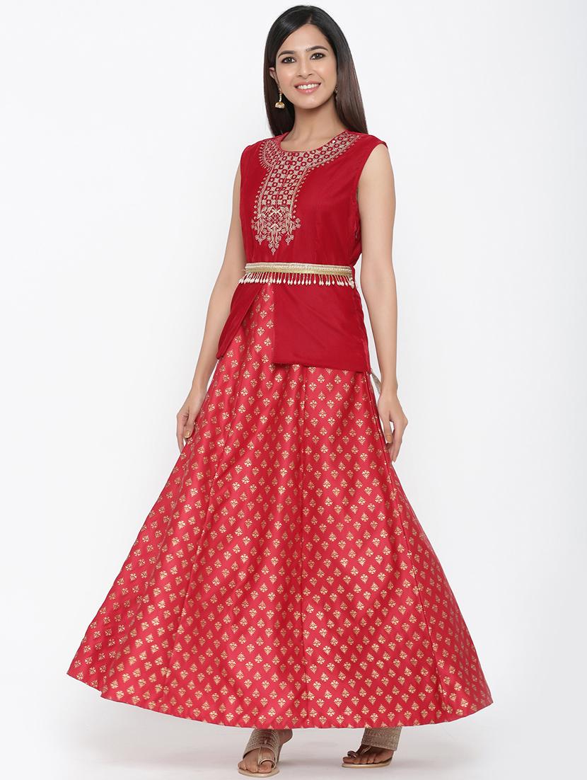 embroidered foil printed fit & flare gown - 17381941 -  Standard Image - 1