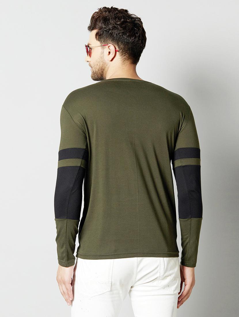 olive green color block cut & sew t-shirt - 17383299 - Standard Image - 1