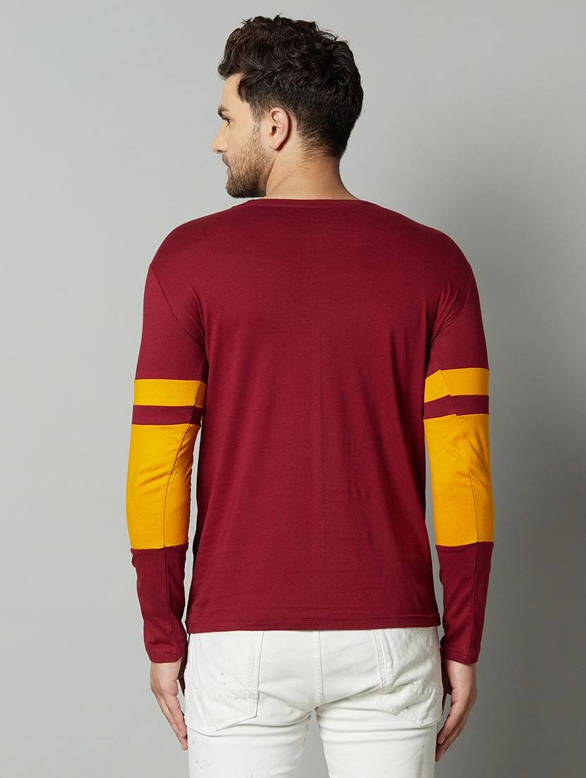 maroon color block cut & sew t-shirt - 17383300 -  Standard Image - 1