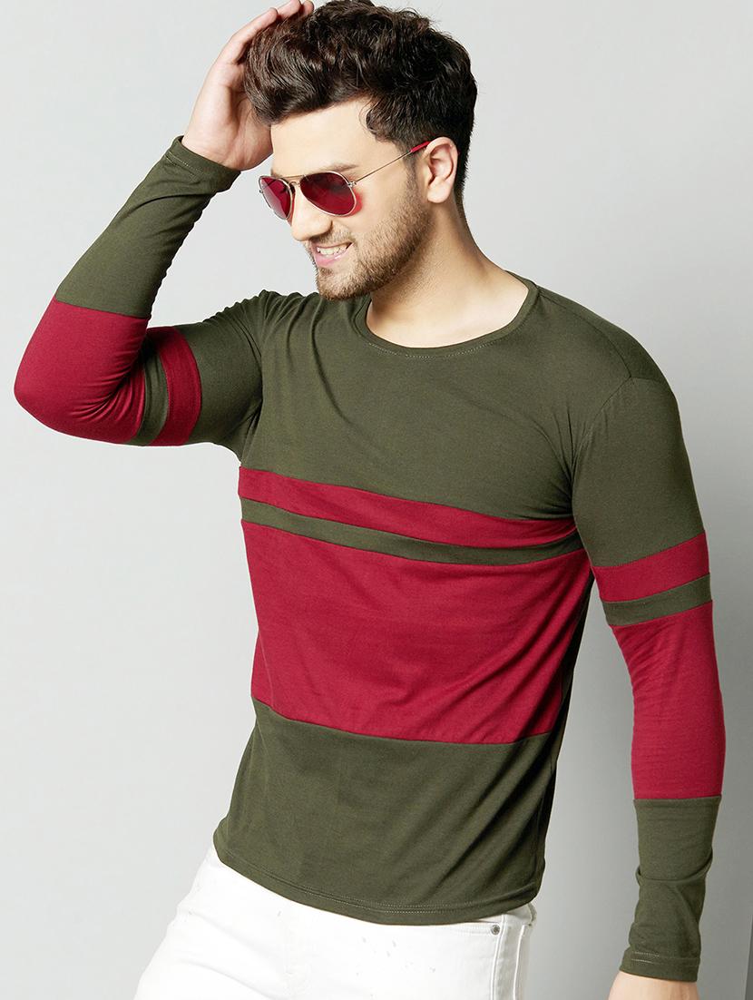 olive green color block cut & sew t-shirt - 17383303 - Standard Image - 1