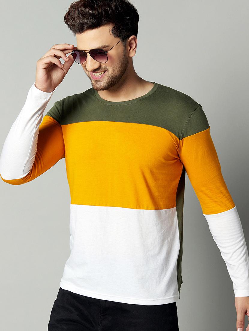 olive green color block cut & sew t-shirt - 17383304 -  Standard Image - 1