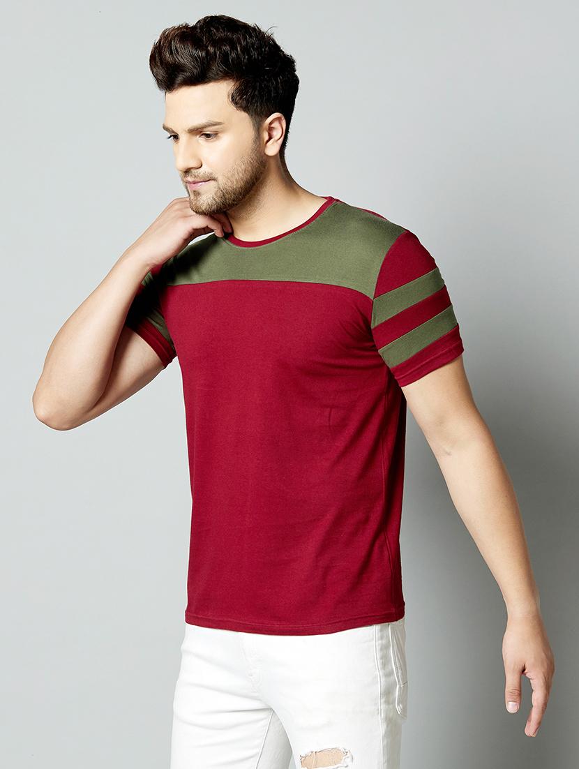 maroon color block round neck t-shirt - 17383330 - Standard Image - 1