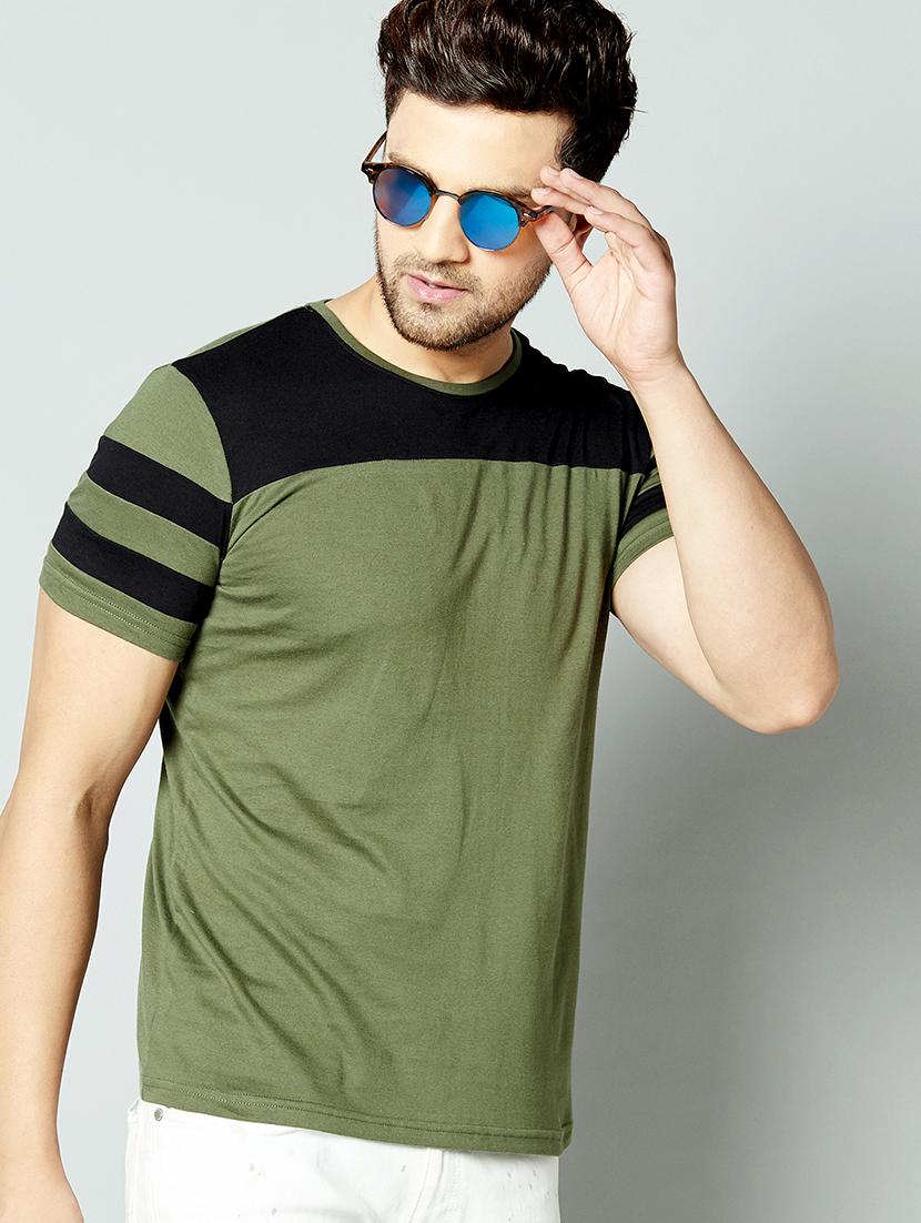 olive green color block cut & sew t-shirt - 17383332 - Standard Image - 1