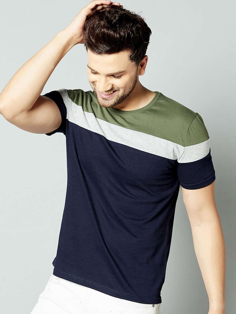 navy blue color block cut & sew t-shirt - 17383346 - Standard Image - 1
