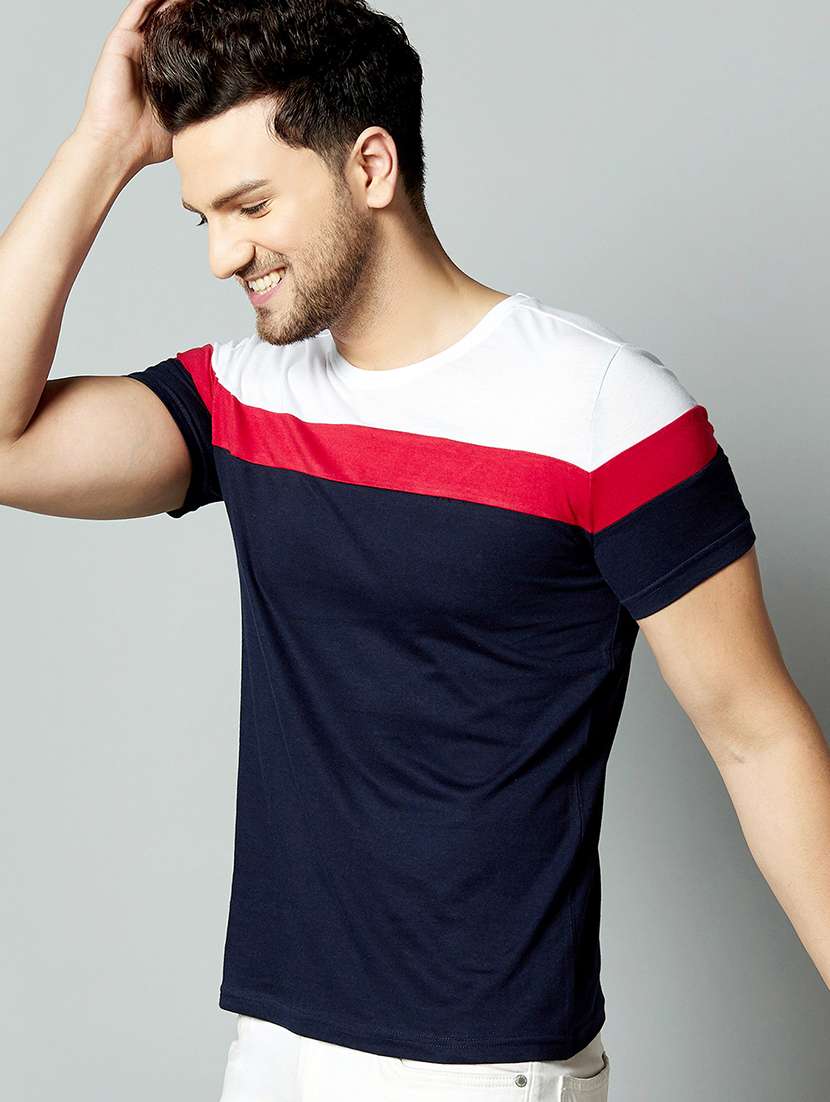 navy blue color block cut & sew t-shirt - 17383353 -  Standard Image - 1