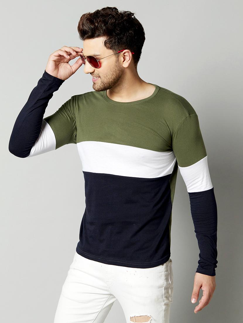 olive green color block cut & sew t-shirt - 17383354 - Standard Image - 1