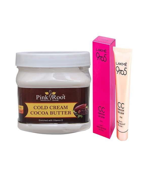 pink root cocoa butter cold cream with lakme 9to5 cc cream