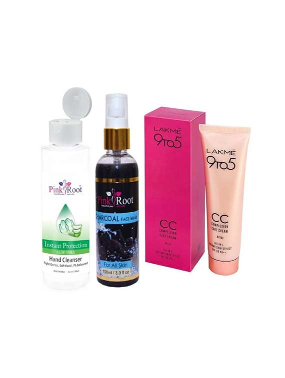 pink root aloe vera cleanser 200ml, charcoal face wash 100ml with lakme 9to5 cc complexion care cream