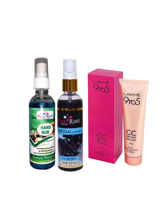 pink root aloe vera hand rub 100ml, charcoal face wash 100ml with lakme 9to5 cc complexion care cream