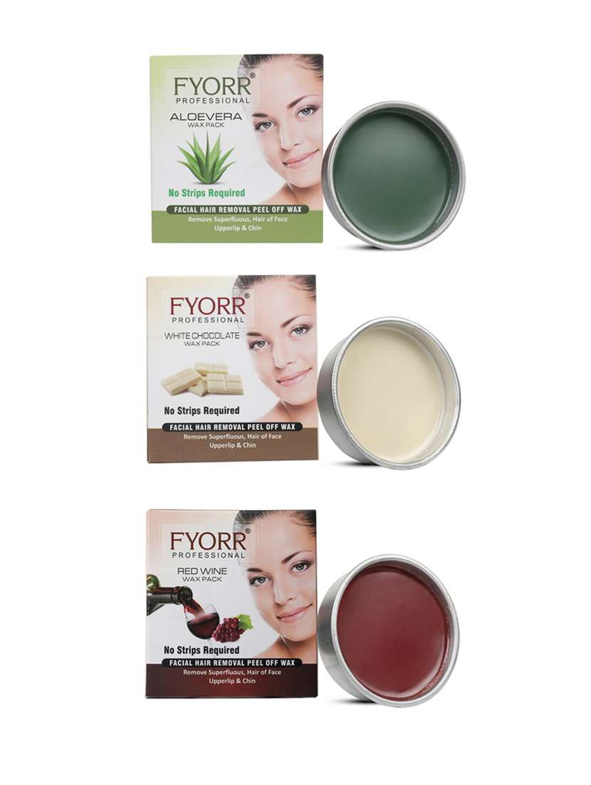 fyorr facial katori peel-off wax combo of 3 white chocolate, red wine & aloe vera - 80gm each