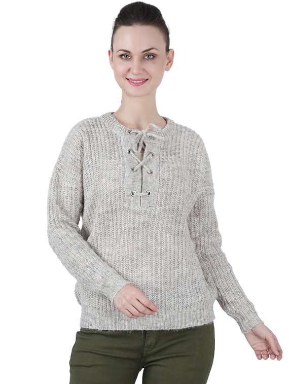 tie up neck solid  pullover